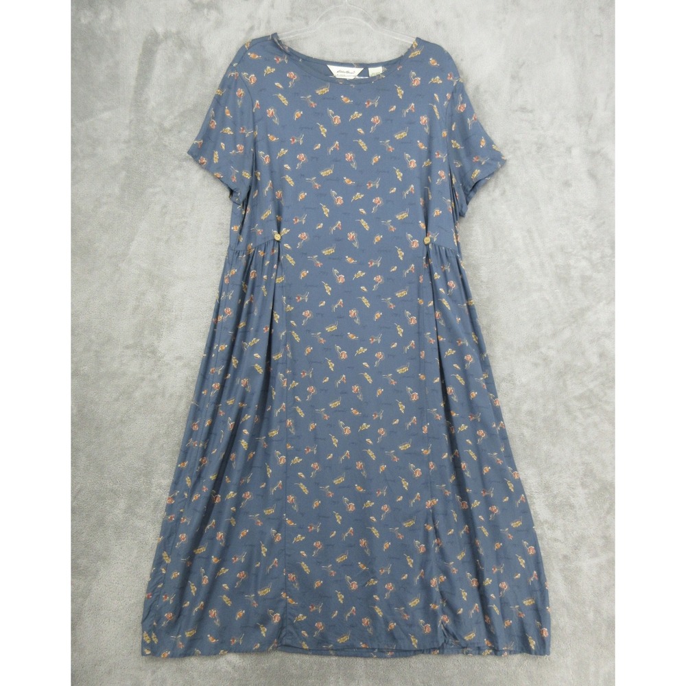 Vintage Eddie Bauer Dress Womens Size L Petite Floral Maxi Prairie Cottage Blue